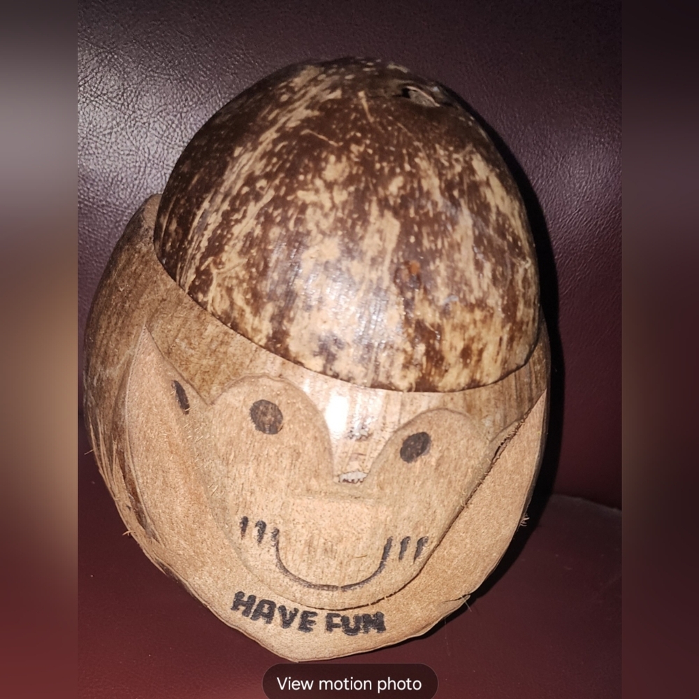 Cheerful Brown Face Accent DecorCarved Monkey Head Coconut Shell “Have Fun” Souv